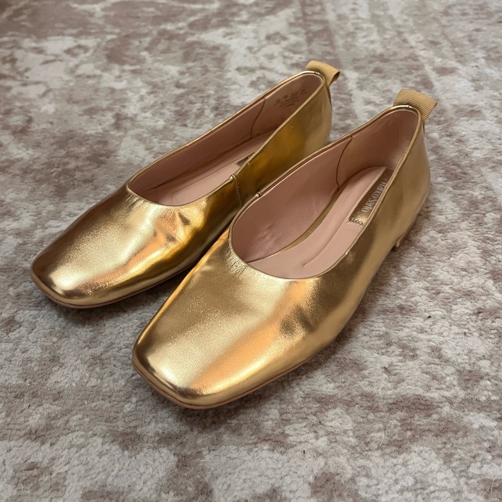 Metallic Faux Leather Gold Flat Shoes